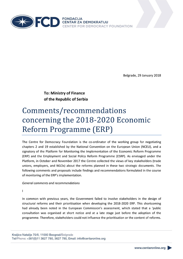 Comments/recommendations concerning the 2018-2020 Economic Reform Programme (ERP)