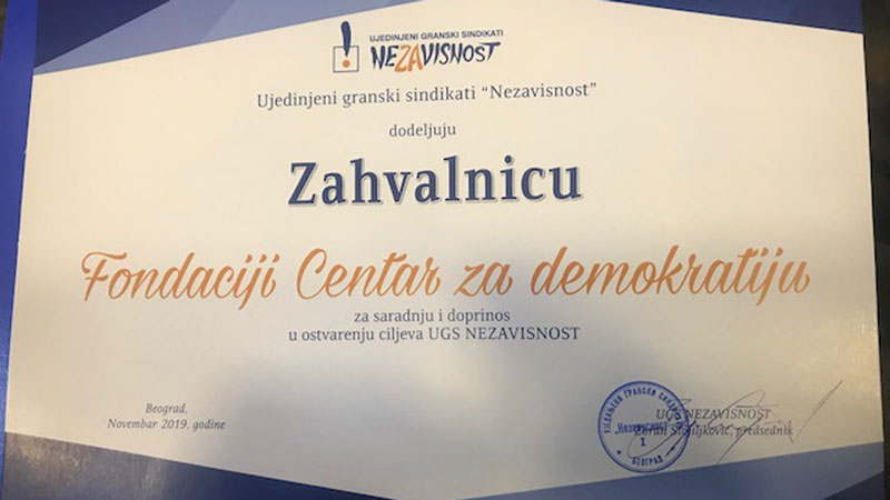 Fondaciji Centar za demokratiju dodeljena zahvalnica UGS Nezavisnost