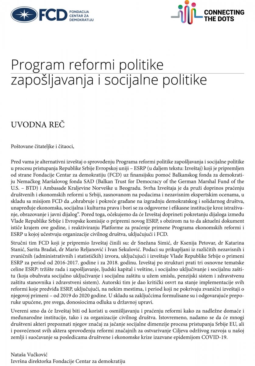 Alternativni izveštaj o sprovođenju Programa reforme politike zapošljavanja i socijalne politike za period 2016-2020. godine